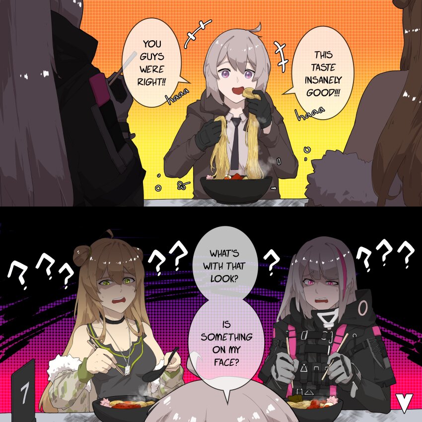 2koma 3girls ? absurdres ahoge ai-generated_art_(topic) ai_drawing_anime_characters_eating_ramen_(meme) artist_logo artistic_error black_choker black_gloves black_jacket black_necktie bowl breasts brown_hair brown_jacket camouflage camouflage_jacket choker chopsticks cleavage collared_shirt comic commentary confused double_bun english_commentary english_text food fur-trimmed_jacket fur_trim girls&#039;_frontline gloves green_eyes grey_gloves grey_hair hair_between_eyes hair_bun highres holding holding_chopsticks holding_food holding_spoon hood hooded_jacket jacket jewelry logo long_hair long_sleeves m200_(girls&#039;_frontline) mdr_(girls&#039;_frontline) medium_breasts meme multicolored_hair multiple_girls necklace necktie no_headwear noodles off_shoulder open_clothes open_jacket open_mouth pink_eyes purple_eyes ramen rfb_(girls&#039;_frontline) shaded_face shirt smile speech_bubble spoon streaked_hair teeth upper_body upper_teeth_only variasii white_shirt