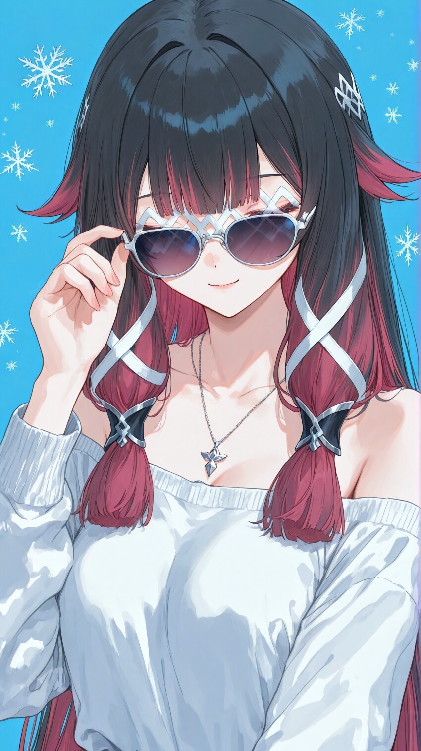 1girl absurdres adjusting_eyewear alternate_costume bare_shoulders black_hair blue_background breasts closed_mouth collarbone columbina_(genshin_impact) commentary english_commentary eye_mask genshin_impact hair_ribbon highres jewelry long_hair mask medium_breasts multicolored_hair necklace off-shoulder_shirt off_shoulder purple_hair reinova ribbon shirt sidelocks smile snowflakes solo sunglasses tress_ribbon two-tone_hair upper_body very_long_hair white_mask white_shirt x-shaped_eyewear