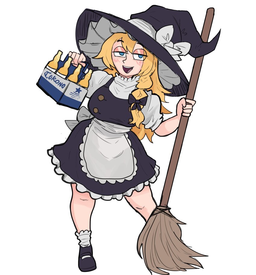 1girl absurdres beer_crate blonde_hair breasts broom corona_(brand) highres holding holding_broom japvs kirisame_marisa long_hair magician medium_breasts touhou