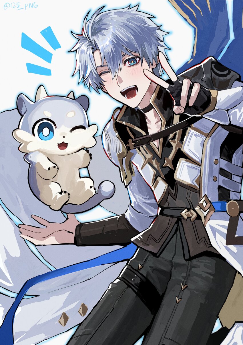 1boy ? absurdres antenna_hair armor black_choker black_gloves black_pants black_shirt blue_cape blue_eyes blush cape chimera_(honkai:_star_rail) choker coat collared_shirt commentary_request creature fingerless_gloves gloves highres holding holding_creature honkai:_star_rail honkai_(series) korean_commentary looking_at_viewer male_focus nongxy_nonshi notice_lines one_eye_closed pants pauldrons phainon_(honkai:_star_rail) shirt short_hair shoulder_armor simple_background single_glove single_pauldron smile solo sun_symbol sun_tattoo tan thigh_strap v white_background white_coat white_hair