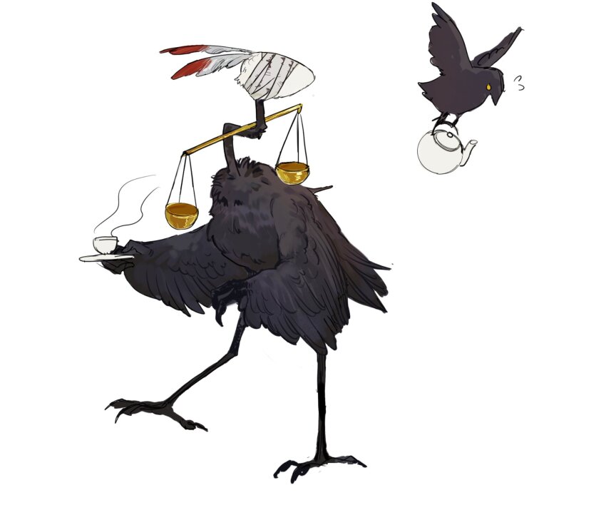 artist_request balance_scale bird blindfold creature creature_focus cup feathers flying_sweatdrops highres holding holding_saucer judgement_bird library_of_ruina nintendo no_humans pokemon pokemon_(creature) project_moon runaway_bird_(project_moon) saucer simple_background steam teacup teapot third-party_source walking weighing_scale white_background