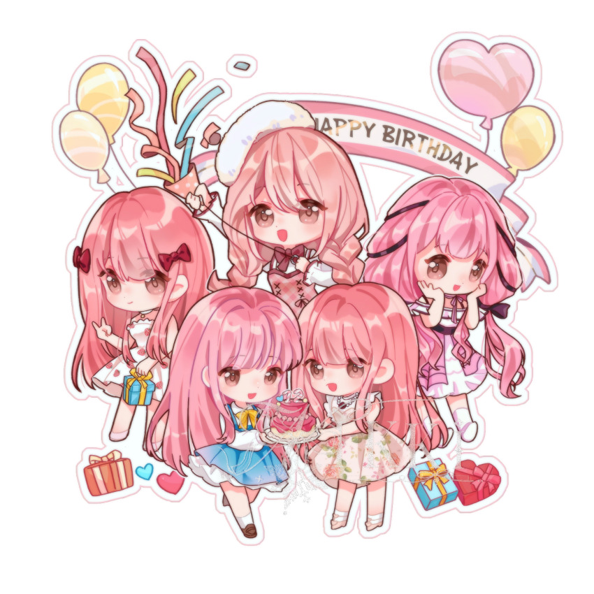 5girls ankle_socks argyle_clothes argyle_dress artist_request balloon banner bare_arms bare_legs bare_shoulders bead_necklace beads belt beret birthday birthday_cake black_belt black_bow black_ribbon blue_dress blunt_bangs bow bow_choker bowtie box braid brown_footwear cake chibi chinese_commentary choker closed_mouth collared_shirt commentary_request cross-laced_clothes cross-laced_dress dot_nose dress dress_ribbon eyes_visible_through_hair floral_print flower flower_necklace food food_print frilled_dress frilled_shirt frilled_skirt frilled_sleeves frills fruit_print fur_hat gift hair_bow hair_over_shoulder hair_ribbon hands_on_own_cheeks hands_on_own_face happy happy_birthday hat heart-shaped_box heart_balloon highres holding holding_food holding_gift holding_party_popper infinity_nikki jewelry kneehighs layered_skirt light_blush loafers long_hair long_sleeves low_twin_braids low_twintails miracle_nikki multiple_girls necklace nikki_(nikki) nikki_(series) nikki_up2u nikki_up2u2:_world_traveller off-shoulder_shirt off_shoulder open_mouth outline party_popper pinafore_dress pink_bow pink_bowtie pink_choker pink_dress pink_hair pink_shoes pink_skirt pleated_dress puffy_long_sleeves puffy_sleeves red_bow red_bowtie ribbon rose_print sharing shining_nikki shirt shoes short_dress short_sleeves sidelocks simple_background single_stripe skirt sleeveless sleeveless_dress smile socks strapless strapless_dress strawberry_print streamers striped_bow striped_bowtie striped_choker striped_clothes third-party_source time_paradox tress_ribbon twin_braids twintails v very_long_hair white_background white_choker white_dress white_footwear white_hat white_outline white_shirt white_skirt white_socks yellow_bow yellow_bowtie