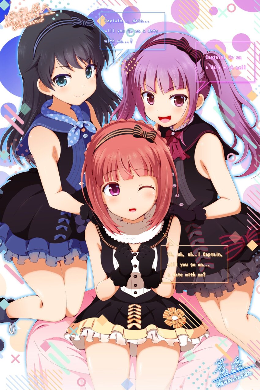 3girls aikawa_aika alice_gear_aegis black_gloves blue_hair commission gloves highres ichijou_ayaka koashi_mutsumi long_hair multiple_girls pink_hair purple_hair short_hair soutou twintails