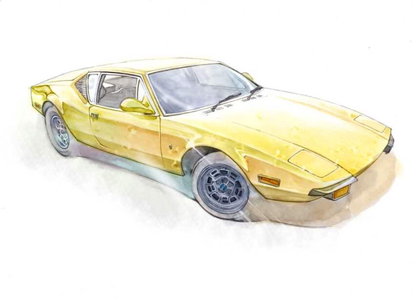 asai_takashi car de_tomaso_pantera motor_vehicle muscle_car no_humans original pop-up_headlights vehicle_focus white_background yellow_car
