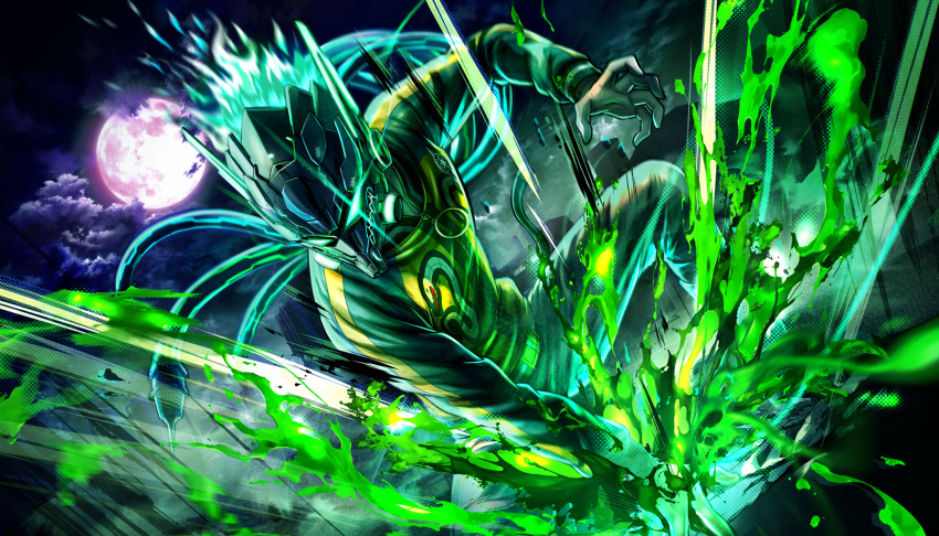 1boy belt claw_pose cloud cloudy_sky facing_viewer full_moon helmet highres jacket male_focus moon motion_lines night night_sky non-web_source official_art pants sky solo splatter takinogawa_jio tribe_nine