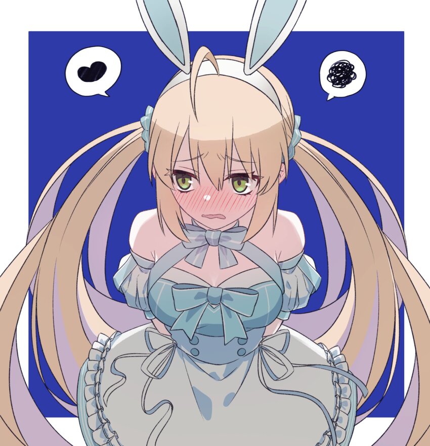 1girl ahoge animal_ear_hairband animal_ears arms_behind_back artoria_caster_(fate) artoria_caster_(swimsuit_berserker)_(fate) artoria_caster_(swimsuit_berserker)_(second_ascension)_(fate) artoria_pendragon_(fate) bare_shoulders blonde_hair blue_dress blush breasts cleavage commentary_request detached_sleeves dress embarrassed fake_animal_ears fate/grand_order fate_(series) from_above green_eyes hairband heart highres long_hair medium_breasts puffy_short_sleeves puffy_sleeves rabbit_ear_hairband rabbit_ears raised_inner_eyebrows short_sleeves solo spoken_heart spoken_squiggle squiggle suzuakks twintails upper_body very_long_hair white_hairband
