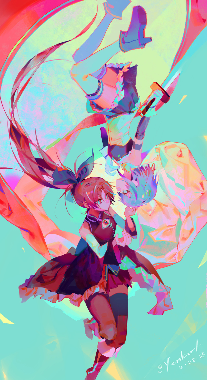 2girls absurdres arms_up bare_shoulders belt black_ribbon black_thighhighs blue_eyes blue_hair blue_shirt blue_skirt boots cape cleavage_cutout closed_mouth clothing_cutout color_contrast colorful commentary detached_sleeves eye_contact face-to-face floating_clothes floating_hair frilled_skirt frills gem hair_ribbon high_heel_boots high_heels highres holding holding_sword holding_weapon long_hair looking_at_another magical_girl mahou_shoujo_madoka_magica miki_sayaka miki_sayaka_(magical_girl) multiple_girls ponytail red_eyes red_gemstone ribbon sakura_kyoko sakura_kyoko_(magical_girl) shirt short_hair single_thighhigh skirt sleeveless sleeveless_shirt strapless strapless_shirt sword symbol-only_commentary thigh_belt thigh_strap thighhighs upside-down very_long_hair weapon white_cape white_thighhighs yenkurl