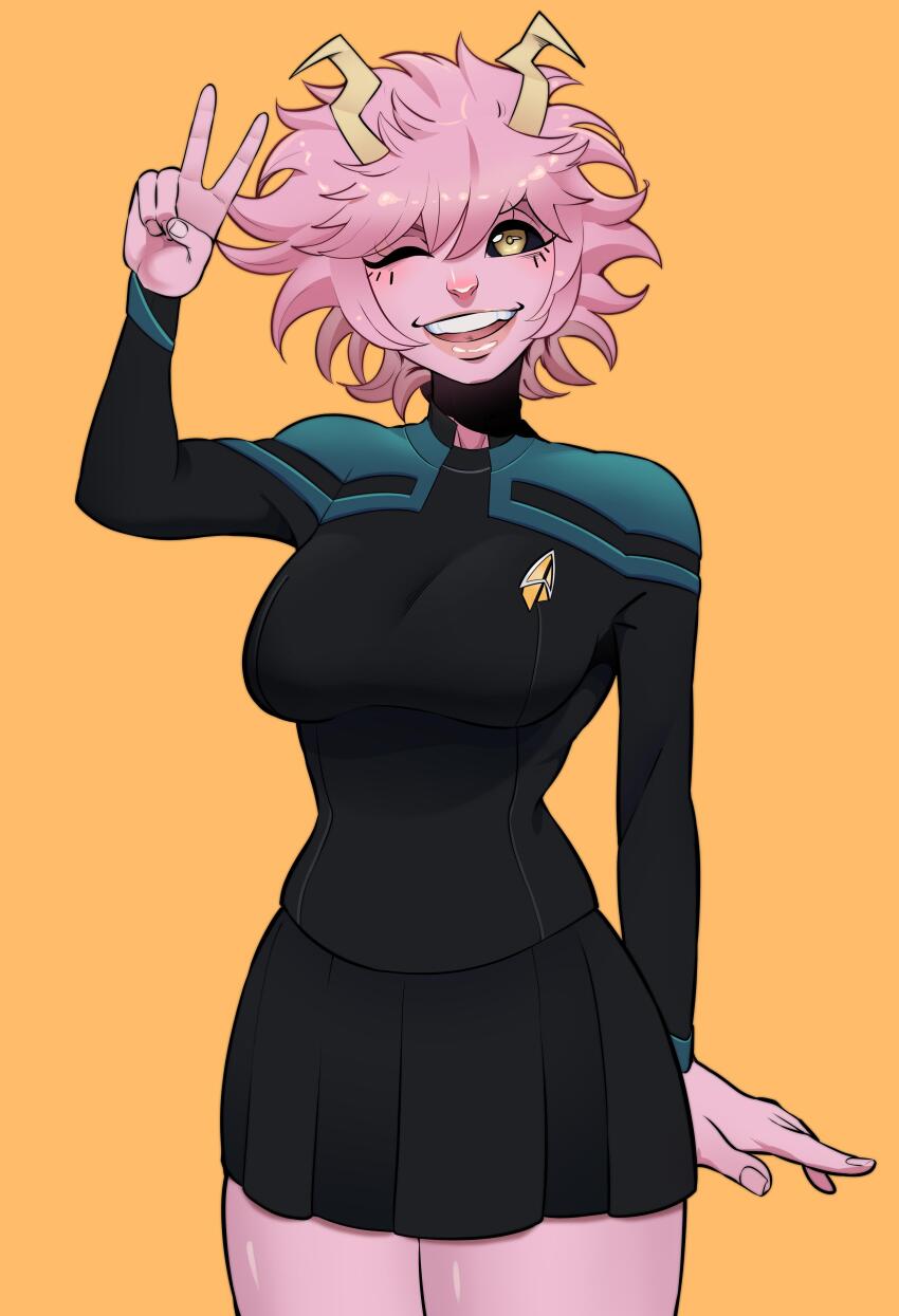1girl absurdres artist_request ashido_mina black_sclera black_shirt black_skirt boku_no_hero_academia breasts colored_sclera colored_skin commentary commission cowboy_shot english_commentary highres horns looking_at_viewer medium_breasts pink_hair pink_skin second-party_source shirt short_hair simple_background skirt smile solo star_trek star_trek:_the_next_generation starfleet_uniform v yellow_background yellow_eyes