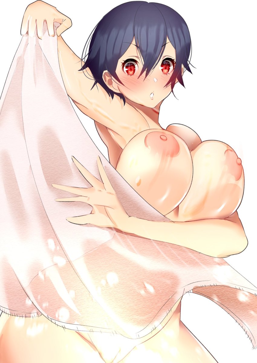 1girl :o arm_under_breasts arm_up armpits black_hair blue_hair blush bouncing_breasts breasts breasts_out bursting_breasts cowboy_shot embarrassed flashing hair_between_eyes highres large_areolae large_breasts megido72 naked_towel nipples pussy red_hair sakusakusakurai short_hair towel towel_slip wardrobe_malfunction white_background zagan_(megido72)