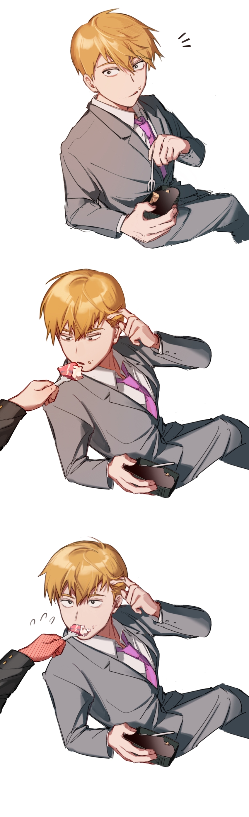 2boys :q absurdres baobing black_eyes blonde_hair bright_pupils chinese_commentary collared_shirt commentary_request feeding food food_on_face fork formal_clothes grey_jacket grey_pants hair_between_eyes hand_blush highres holding holding_fork jacket kageyama_shigeo lapels male_focus mob_psycho_100 multiple_boys necktie notched_lapels open_mouth out_of_frame pants pink_necktie reigen_arataka shirt short_hair suit tongue tongue_out white_pupils white_shirt yaoi