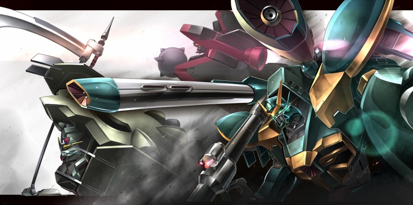 ball_and_chain_(weapon) border calamity_gundam cannon dust_cloud energy_gun forbidden_gundam glowing glowing_eyes gomi_kushige gun gundam gundam_seed holding holding_gun holding_weapon lens_flare m1_bazooka mecha no_humans raider_gundam robot rocket_launcher scythe shield smoke weapon