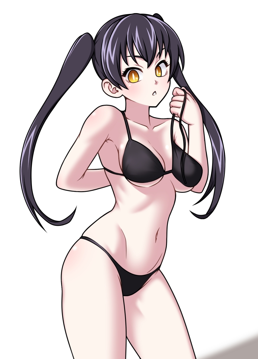 1girl arm_behind_back bikini black_bikini black_hair breasts collarbone cowboy_shot curvy en&#039;en_no_shouboutai eron female_focus highres large_breasts looking_at_viewer looking_to_the_side navel parted_lips shiny_skin simple_background solo standing swimsuit tamaki_kotatsu teeth thong thong_bikini twintails white_background wide_hips yellow_eyes