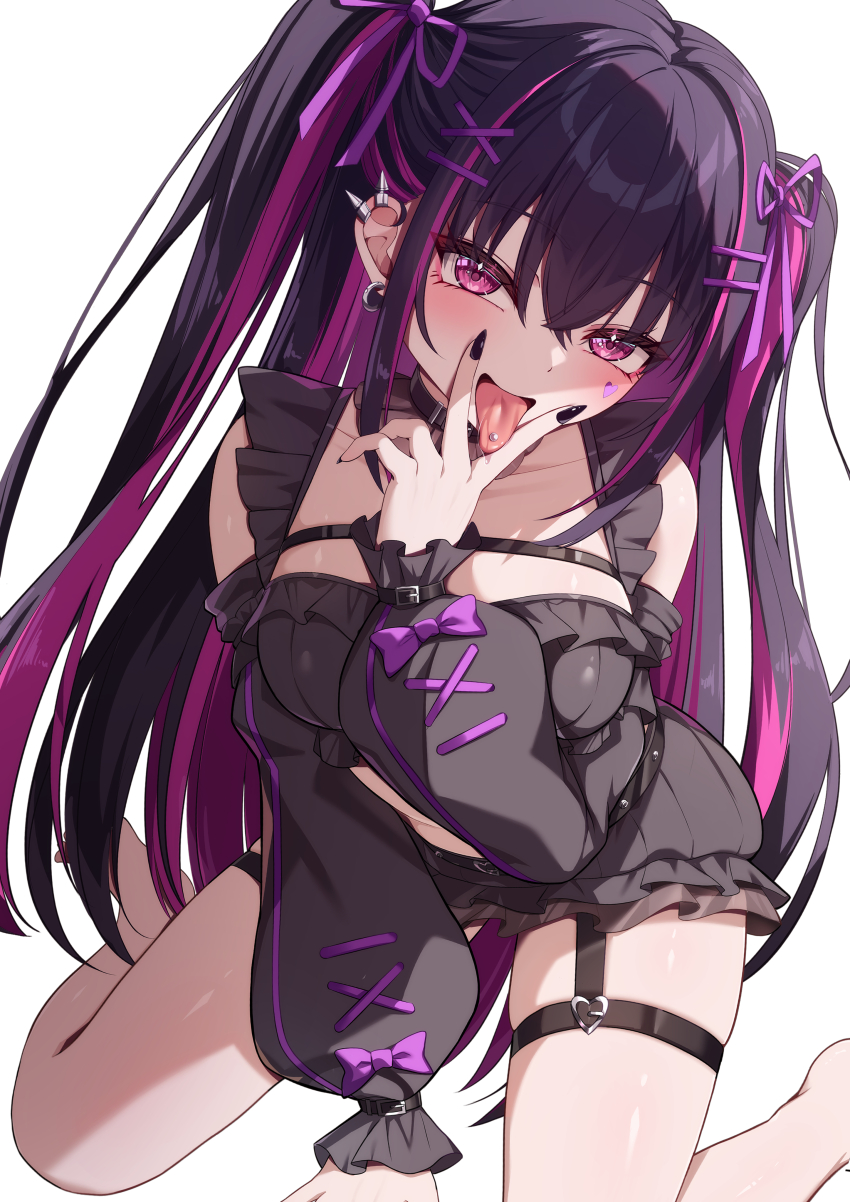 1girl absurdres akuame_(ring3922) belt black_belt black_dress black_garter_straps black_hair black_nails black_sleeves blush bow breasts collarbone dress ear_piercing earrings facial_mark fingernails garter_straps hair_ornament hair_ribbon hairclip heart heart_facial_mark highres jewelry jirai_kei large_breasts long_hair long_sleeves looking_at_viewer multicolored_hair nail_polish original piercing pink_bow pink_eyes pink_hair pink_ribbon ribbon saliva simple_background sitting smile solo spiked_ear_piercing streaked_hair thigh_strap thighs tongue tongue_out tongue_piercing two-tone_hair two_side_up v v_over_mouth wariza white_background wrist_belt