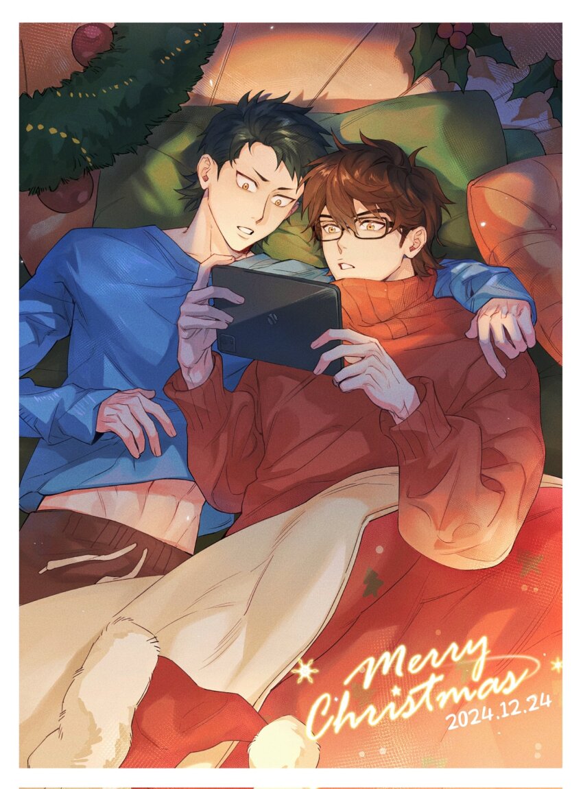 2boys ace_of_diamond arm_around_neck back black_pants blanket blue_shirt brown_hair christmas glasses green_hair hat high_collar highres holding holding_tablet_pc kuramochi_youichi long_sleeves lying male_focus merry_christmas midriff miyuki_kazuya multiple_boys pants rectangular_eyewear red_sweater santa_hat shirt short_hair sweater sweatpants tablet_pc yellow_eyes zechengm19