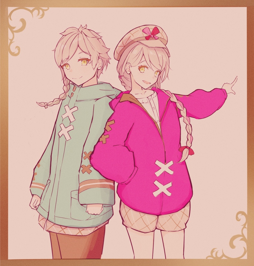1boy 1girl absurdres blonde_hair brother_and_sister clanne_(fire_emblem) fire_emblem fire_emblem_engage framme_(fire_emblem) green_jacket hat highres jacket nintendo official_alternate_costume open_mouth pink_jacket plaid_hat siblings smile twins user_gkfz3337 yellow_eyes