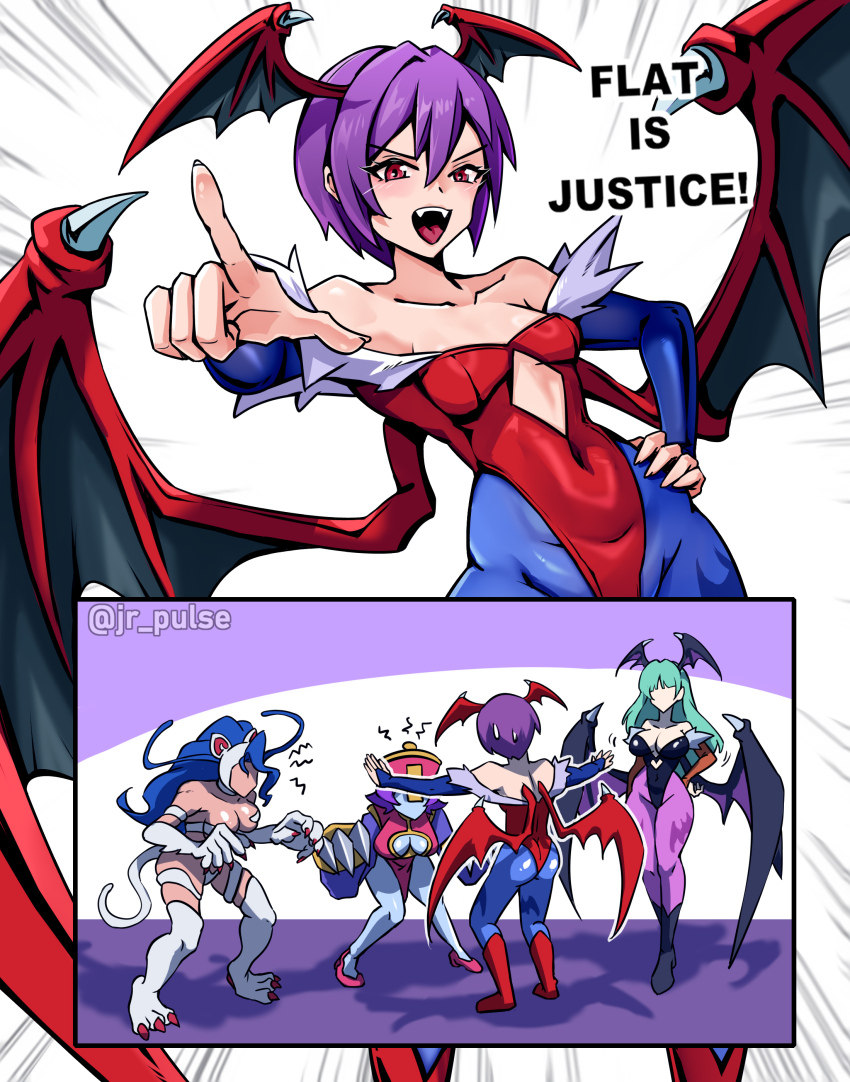 4girls absurdres animal_ears animal_hands animal_print ass bat_print bat_wings blue_hair blue_pantyhose blue_skin breasts bridal_gauntlets cat_ears cat_girl cat_paws cat_tail clothing_cutout colored_skin covered_navel darkstalkers demon_girl diamond_cutout english_text felicia_(darkstalkers) flat_is_justice flipped_hair green_hair hair_between_eyes hat head_wings heart_cutout highleg highleg_leotard highres hsien-ko jiangshi jrpulse jurassic_world large_breasts leotard lilith_(darkstalkers) long_hair meme morrigan_aensland multiple_girls off-shoulder_leotard open_mouth pantyhose prattkeeping_(meme) print_pantyhose purple_hair purple_pantyhose purple_wings qingdai_guanmao red_eyes red_leotard short_hair small_breasts tail thighs white_fur wings
