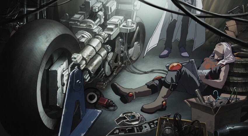 2boys abaraya bare_shoulders black_hair black_pants black_shirt boots box brown_boots cable cardboard_box clothes_hanger coat computer construction covered_eyes curtains dappled_sunlight dark-skinned_male dark_skin dirty disheveled doctor_fudo engine exhaust exhaust_pipe exhausted facing_another facing_to_the_side fudo_yusei garage grey_shoes head_rest highres holding holding_laptop indoors knee_pads knee_up lab_coat laptop leaning_back male_focus motor_vehicle motorcycle multiple_boys open_clothes open_coat out_of_frame outside_border pants shelf shirt shoes sleeping sleepy sleeveless sleeveless_shirt spiked_hair sunlight tan towel towel_on_head unused_tire warehouse white_coat wire yu-gi-oh! yu-gi-oh!_5d&#039;s