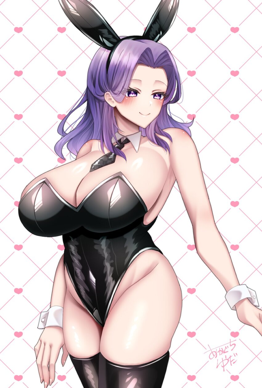 1girl animal_ears arms_at_sides bare_shoulders blush breasts detached_collar fake_animal_ears hair_intakes heart highres kantai_collection large_breasts leotard looking_to_the_side messy_hair necktie playboy_bunny purple_eyes purple_hair rabbit_ears short_hair signature simple_background smile tatsuta_(kancolle) thick_thighs thighhighs thighs white_wrist_cuffs wrist_cuffs yuudadou