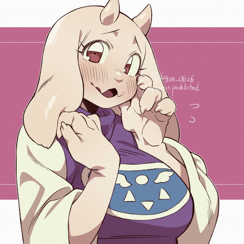 1girl animal_ears blush commentary_request dress fangs fewer_digits flying_sweatdrops furry furry_female goat_ears goat_girl hand_on_own_cheek hand_on_own_face hands_up highres horns kageimo letterboxed long_sleeves looking_at_viewer open_mouth outside_border pink_background pink_eyes purple_dress simple_background skin_fangs solo tongue toriel turtleneck turtleneck_dress undertale upper_body watermark white_fur