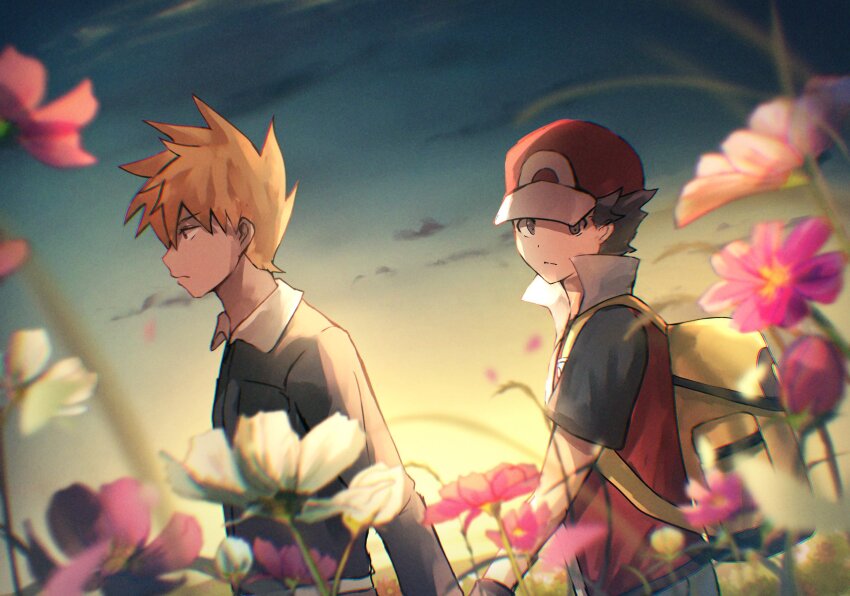 2boys backpack bag blonde_hair blue_oak closed_mouth cloud collared_shirt commentary_request falling_petals flower from_side hat highres jacket looking_at_viewer looking_to_the_side male_focus multiple_boys nintendo outdoors petals pokemon pokemon_hgss red_(pokemon) red_hat red_vest shirt shiruko_(s1ruko) short_hair short_sleeves sky spiked_hair t-shirt vest white_shirt yellow_bag