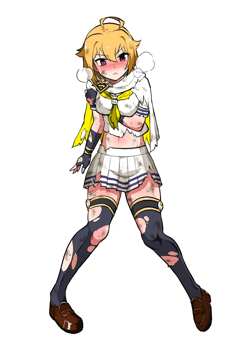 1girl ahoge arm_under_breasts black_gloves black_thighhighs blonde_hair blush breasts brown_footwear burningsushi capelet commentary_request dirty dirty_clothes dirty_face emblem exhausted fingerless_gloves full_body gloves hair_between_eyes hair_flaps heavy_breathing highres ibuki_tsubasa idol_heroes_(idolmaster) idolmaster idolmaster_million_live! injury large_breasts legs looking_at_viewer mighty_sailor miniskirt navel neckerchief parted_lips pleated_skirt red_eyes shirt short_hair short_sleeves sidelocks skirt solo standing sweat thighhighs thighs torn_capelet torn_clothes torn_gloves torn_shirt torn_skirt torn_thighhighs v-shaped_eyebrows white_capelet white_shirt white_skirt yellow_neckerchief