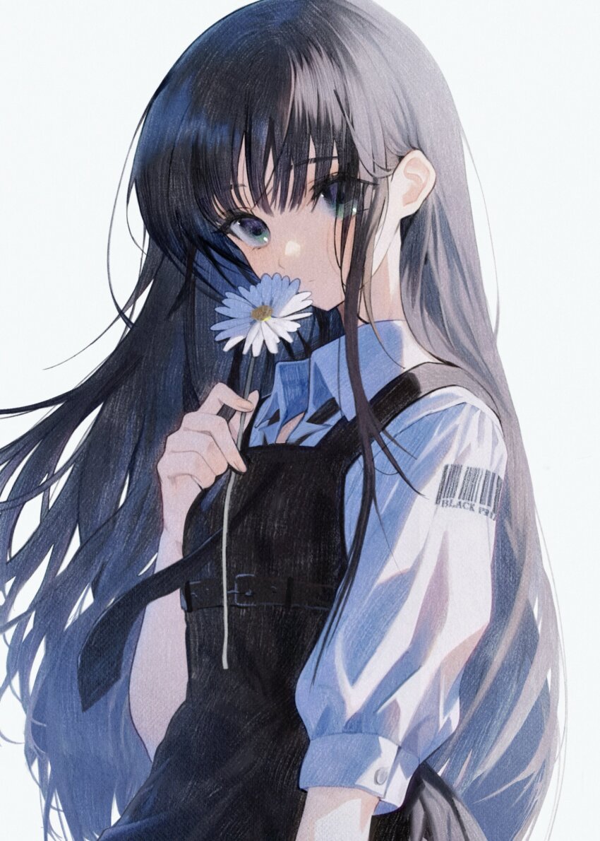 1girl absurdres belt black_dress black_necktie brown_hair closed_mouth collared_shirt commentary dress expressionless flower green_eyes highres holding holding_flower long_hair looking_at_viewer nagamerin natsume_ai necktie pinafore_dress sakura_no_toki sakura_no_uta shirt simple_background sleeveless sleeveless_dress solo three-quarter_sleeves underbust upper_body white_background white_flower white_shirt
