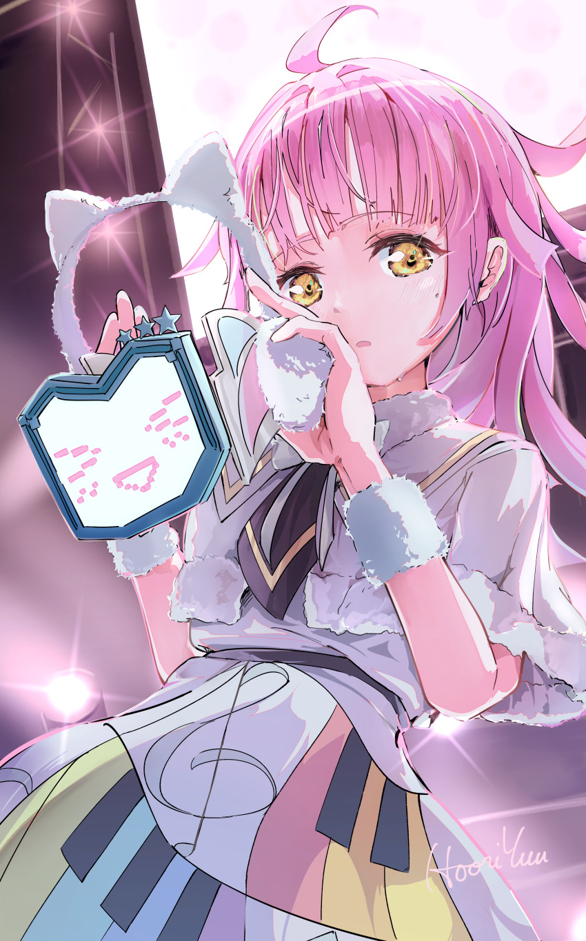 &gt;_&lt; 1girl absurdres ahoge artist_name black_necktie blunt_bangs blunt_ends blush capelet colorful_dreams!_colorful_smiles!_(love_live!) commentary commentary_request dress english_commentary highres holding hooriyuu looking_at_viewer love_live! love_live!_nijigasaki_high_school_idol_club mixed-language_commentary necktie parted_lips piano_print pink_hair rina-chan_board screen solo stage_lights standing sweat tennoji_rina white_capelet white_dress yellow_eyes