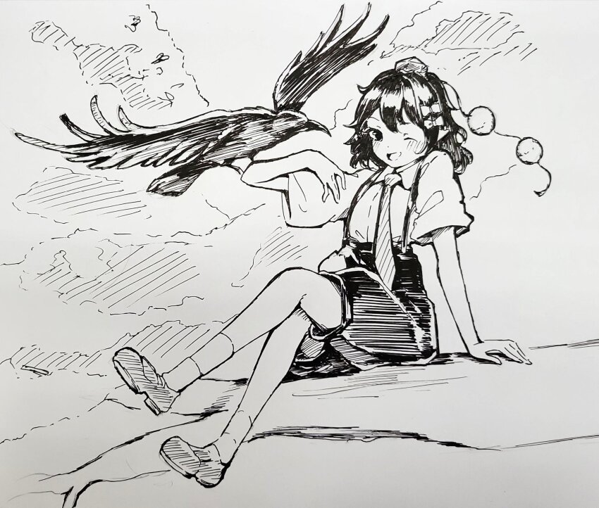 1girl :d arm_support bird collared_shirt commentary_request crow hat highres in_tree loafers looking_at_viewer monochrome necktie one_eye_closed open_mouth outdoors pom_pom_(clothes) seele_(chanseele0128) shameimaru_aya shameimaru_aya_(newsboy) shirt shoes short_sleeves shorts sitting sitting_in_tree smile solo suspenders tassel tokin_hat touhou traditional_media tree