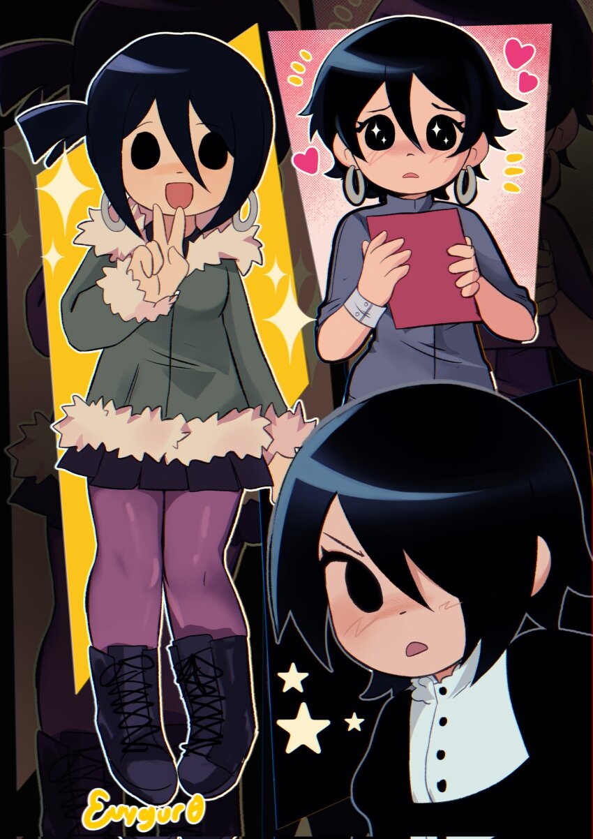 1boy 1girl black_eyes black_hair blush book boots earrings evygur0 fur_trim heart highres jewelry knives_chau pantyhose scott_pilgrim_(series)