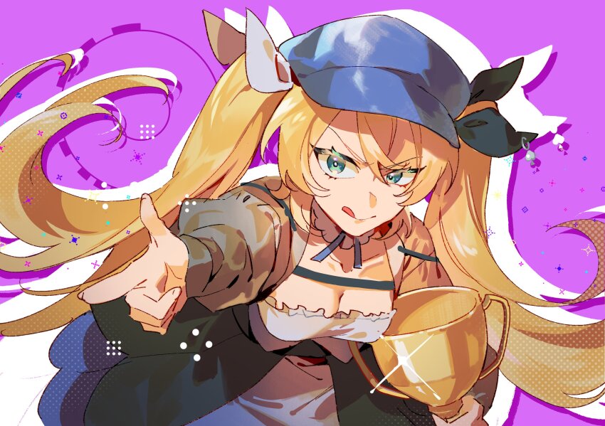 blonde_hair blue_hat breasts choker cleavage collarbone colored_eyelashes commentary dokibird_(vtuber) dokibird_(vtuber)_(retro_doki) dress english_commentary eyelashes finger_gun frilled_choker frills green_eyes hair_between_eyes hat highres holding holding_trophy indie_virtual_youtuber jacket long_hair looking_to_the_side lynnear medium_breasts purple_background silhouette simple_background sparkle tongue tongue_out trophy twintails upper_body virtual_youtuber