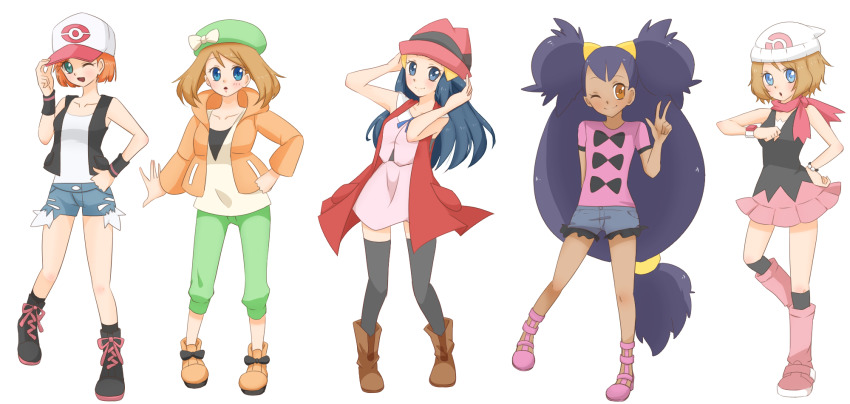 5girls :d ;d ;| aqua_eyes bag baseball_cap beanie bianca_(pokemon) bianca_(pokemon)_(cosplay) black_vest blonde_hair blue_eyes blue_hair blue_ribbon blue_shorts blush boots bow bow_print bracelet breasts brown_footwear brown_hair closed_mouth collarbone cosplay dark-skinned_female dark_skin dawn_(pokemon) dawn_(pokemon)_(cosplay) dress eyelashes frilled_shorts frills full_body green_headwear green_pants hair_ornament hairclip hand_on_own_hip hat hat_bow high_heels highres hilda_(pokemon) hilda_(pokemon)_(cosplay) holding holding_unworn_clothes holding_unworn_hat iris_(pokemon) jewelry long_hair long_sleeves looking_at_viewer looking_at_watch may_(pokemon) medium_hair mikeko_(neko19920311) miniskirt misty_(pokemon) multiple_girls nintendo one_eye_closed open_mouth orange_hair over-kneehighs pants pink_boots pink_headwear pink_sandals pink_shirt pink_skirt pokemon pokemon_(anime) pokemon_(classic_anime) pokemon_bw pokemon_bw2 pokemon_bw_(anime) pokemon_dppt_(anime) pokemon_rse_(anime) pokemon_xy_(anime) purple_hair red_scarf ribbon sandals scarf serena_(pokemon) serena_(pokemon)_(cosplay) shauna_(pokemon) shauna_(pokemon)_(cosplay) shirt shoes short_hair short_shorts shorts shoulder_bag sidelocks simple_background skirt sleeveless sleeveless_dress sleeveless_shirt smile standing thighhighs translation_request transparent_background twintails unworn_hat unworn_headwear very_long_hair vest white_background white_bow white_headwear white_shirt yellow_eyes zettai_ryouiki