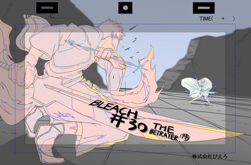 2boys 7l6cup9yzr1xu7d battle bleach bleach:_sennen_kessen-hen bow_(weapon) commentary copyright_name dual_wielding energy_arrow english_text facing_another fighting_stance floating_cape floating_clothes full_body highres holding holding_bow_(weapon) holding_sword holding_weapon ishida_uryuu japanese_clothes kimono kurosaki_ichigo long_sleeves male_focus motion_blur multiple_boys official_style rubble short_hair signature sketch spiked_hair squatting sword true_zangetsu_(shikai) weapon wide_sleeves