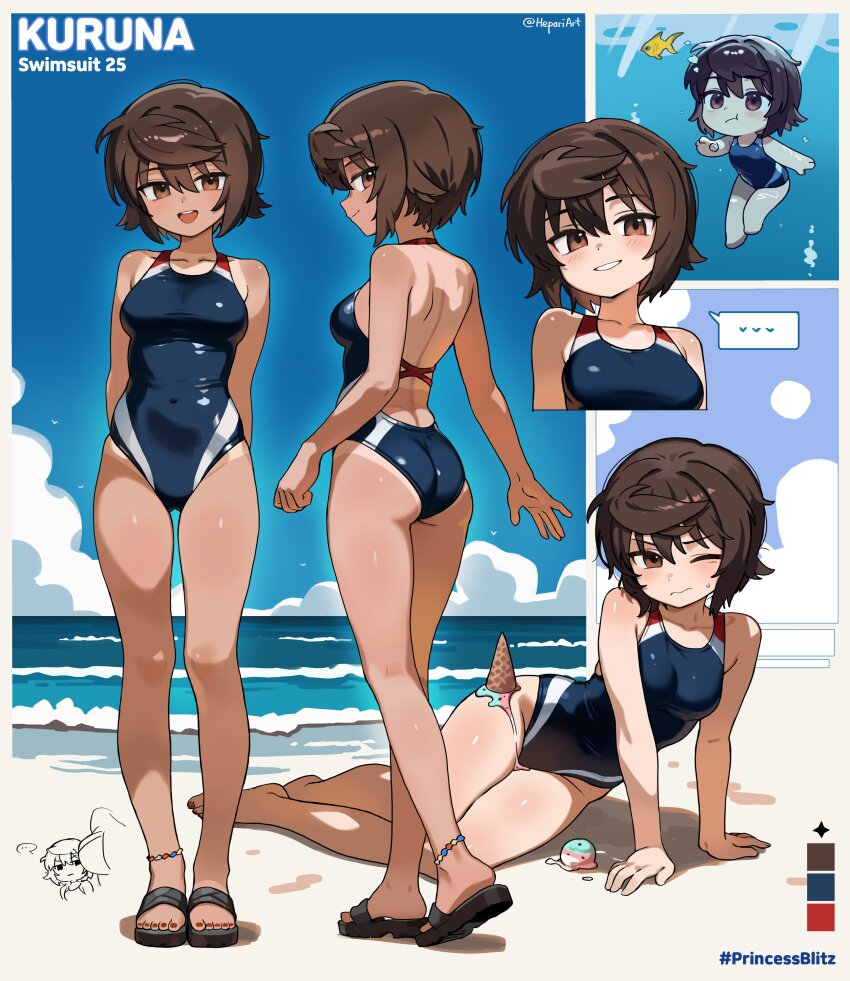 1girl absurdres arm_support bare_back beach black_hair breast_conscious food hepari highres ice_cream kuruna_(hepari) multiple_views official_art one-piece_swimsuit original princess_blitz reference_sheet sandals short_hair sitting swimsuit tan tanline underwater