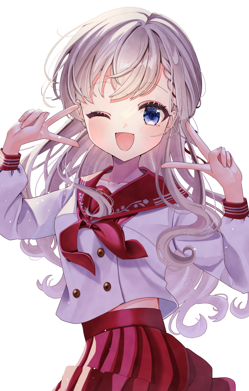 1girl absurdres blue_eyes braid collarbone double_v grey_hair highres hisakawa_hayate idolmaster idolmaster_cinderella_girls long_hair looking_at_viewer midriff mirai_(mirai2498) one_eye_closed pleated_skirt red_sailor_collar red_skirt sailor_collar school_uniform serafuku simple_background skirt smile solo upper_body v white_background white_serafuku