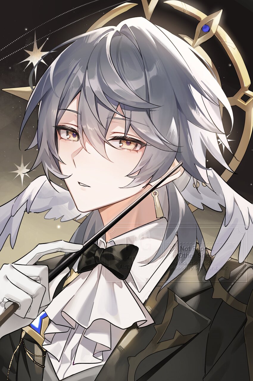 1boy absurdres ascot black_background black_bow black_bowtie black_jacket bow bowtie commentary earrings gloves grey_hair hair_between_eyes hashtag-only_commentary highres holding holding_wand honkai:_star_rail honkai_(series) jacket jewelry knowa looking_at_viewer parted_lips portrait short_hair solo sunday_(honkai:_star_rail) sunday_(star_rail_live_2025)_(honkai:_star_rail) wand watermark white_ascot white_gloves wing_collar yellow_eyes