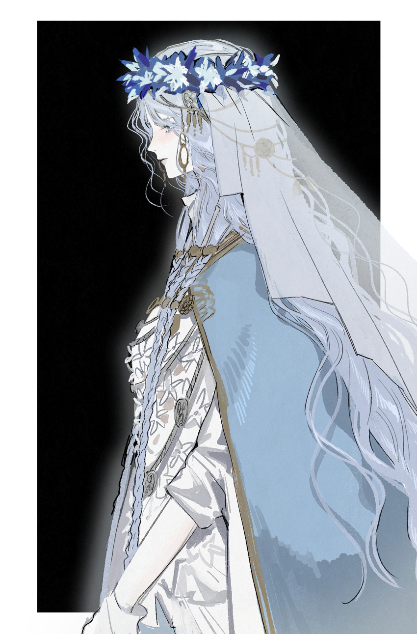 1girl absurdres beg_1_n black_background blue_cape blue_eyes blue_hair border braid cape closed_mouth commentary dress elden_ring elden_ring_nightreign flower_wreath from_side gold_trim head_wreath highres jewelry long_hair low_twin_braids parted_bangs revenant_(elden_ring) solo symbol-only_commentary twin_braids veil white_border white_dress white_veil wide_sleeves