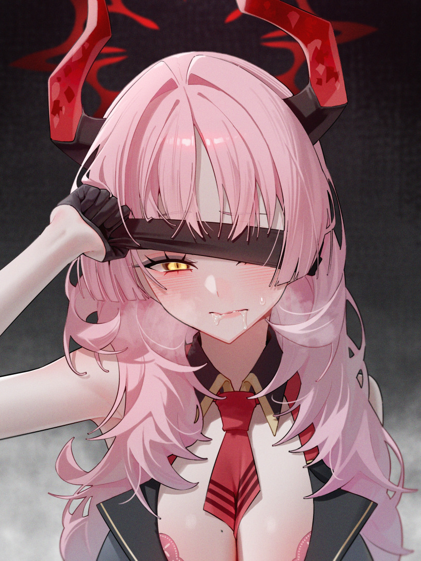1girl absurdres agnamore black_background black_collar black_dress black_gloves black_horns blindfold blindfold_lift blue_archive blush bra bra_visible_through_clothes breasts cleavage closed_mouth collar detached_collar dress drooling gloves hair_intakes highres horns huge_breasts lifting_own_clothes long_hair multicolored_horns necktie pink_hair red_bra red_horns red_necktie satsuki_(blue_archive) solo suggestive_fluid two-tone_horns underwear yellow_eyes