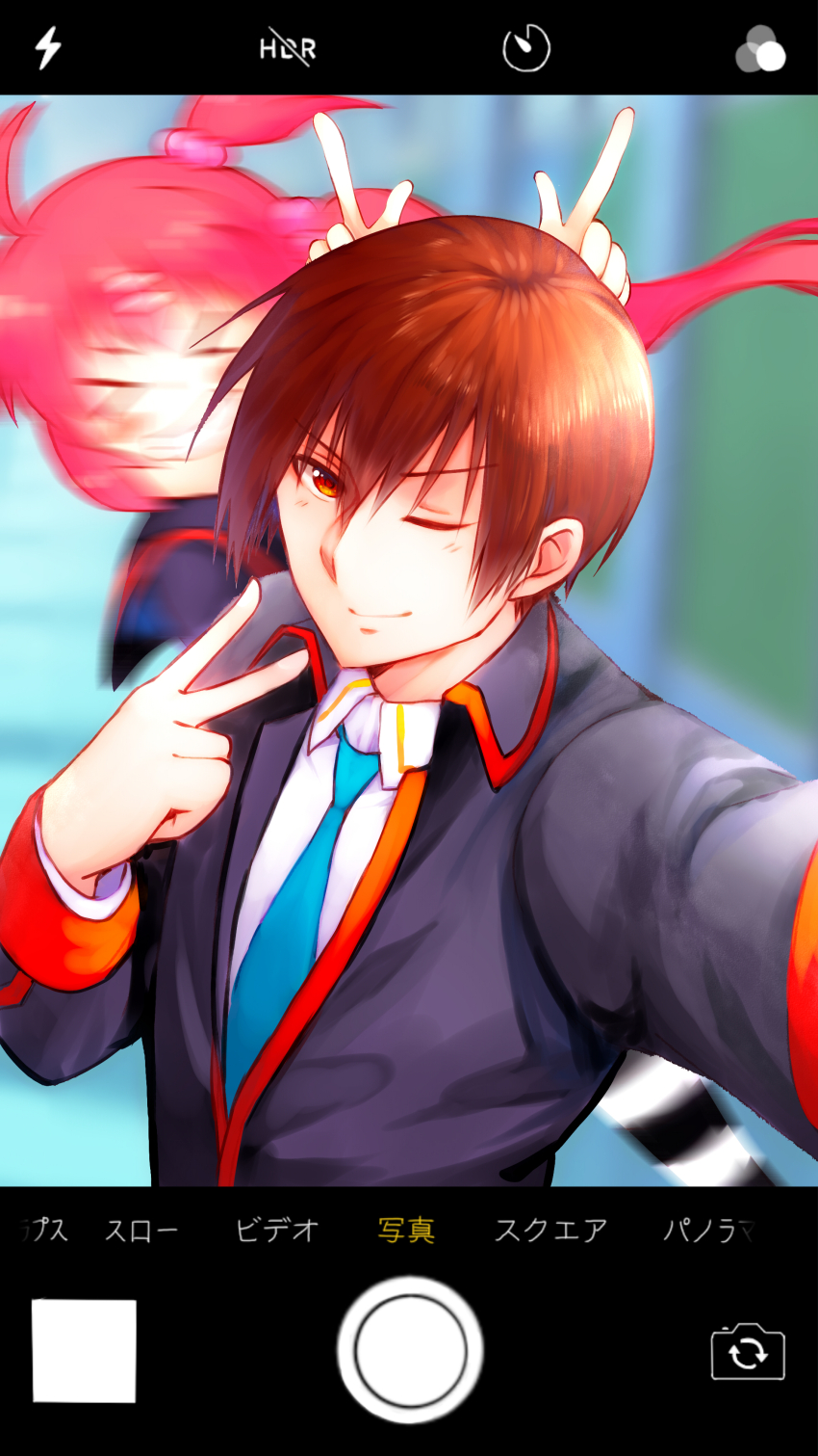 &gt;_&lt; 1boy 1girl ;) absurdres ahoge black_jacket blue_necktie blurry blurry_background blush_stickers brown_hair closed_mouth commentary_request dress_shirt eyes_visible_through_hair horns_pose foreshortening grin hair_between_eyes hair_bobbles hair_ornament hairclip hand_up highres indoors jacket light_blush little_busters! long_sleeves motion_blur natsume_kyousuke necktie nose one_eye_closed one_side_up prank purple_hair rakka saigusa_haruka school_uniform selfie shirt short_hair side_ponytail smile straight_hair v v-shaped_eyebrows viewfinder white_shirt