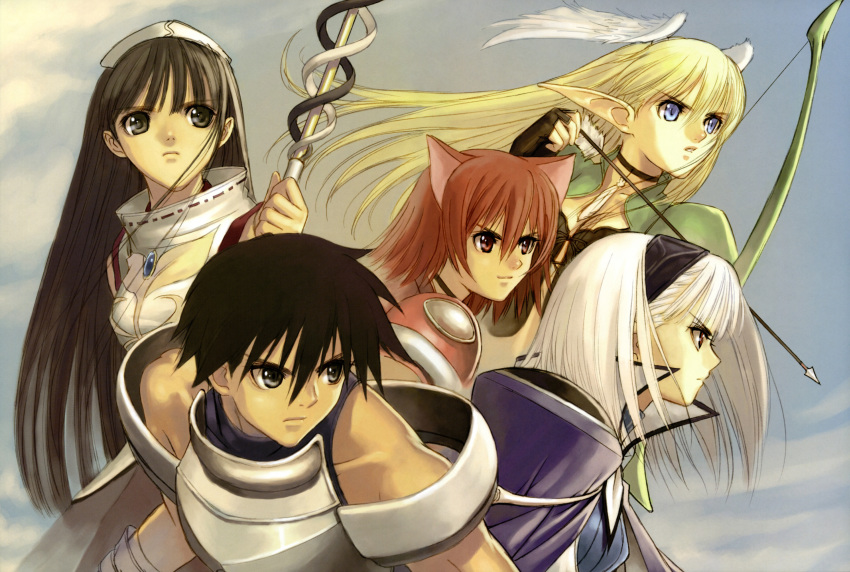 1boy 4girls absurdres animal_ears blanc_neige blouse blue_gemstone blue_shirt bow_(weapon) cat_ears cowboy_shot elwing feathers from_side gem gorget hair_between_eyes hakama hakama_skirt hat head_wings high_collar highres holding holding_bow_(weapon) holding_weapon japanese_clothes long_hair mao_(shining_tears) multiple_girls outdoors pointy_ears popped_collar ryuna ryuuna_(shining_tears) scan sega shining_(series) shining_tears shirt skirt sleeveless sleeveless_shirt tony_taka v-shaped_eyebrows very_long_hair weapon white_feathers white_hat white_shirt wings xion