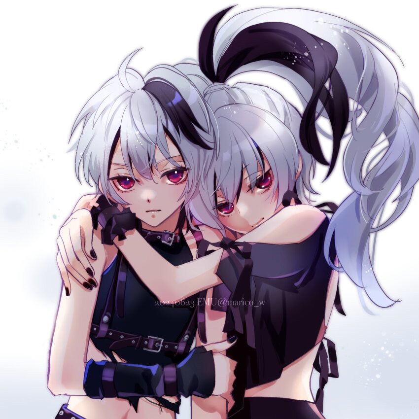 2girls ahoge androgynous arm_warmers artist_name black_hair black_nails chest_strap clothing_cutout crop_top detached_sleeves emu_(marico_w) flat_chest flower_(vocaloid) flower_(vocaloid3) flower_(vocaloid4) hand_on_another&#039;s_shoulder hand_on_own_arm high_ponytail highres light_smile long_hair multicolored_hair multiple_girls pink_eyes ponytail ribbon short_hair shoulder_cutout simple_background studded tomboy torn_clothes two-tone_hair vocaloid white_hair