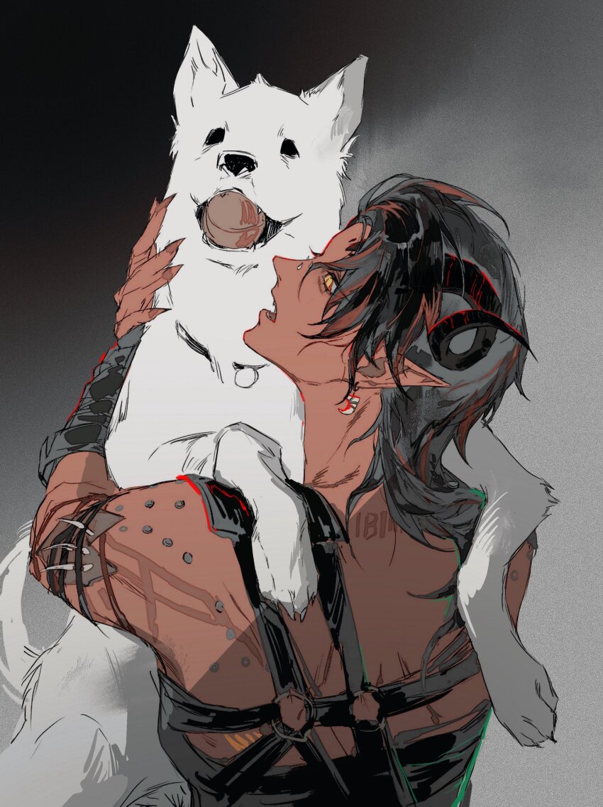 1girl animal baldur&#039;s_gate baldur&#039;s_gate_3 ball black_hair colored_skin curled_horns demon_girl demon_horns dog earrings fangs fingernails from_behind gradient_background grey_background highres holding holding_animal holding_dog horns jewelry jiao_chang karlach looking_at_animal medium_hair multicolored_hair o-ring open_mouth pointy_ears profile red_hair red_skin scratch_(baldur&#039;s_gate) sharp_fingernails shoulder_blades slit_pupils streaked_hair two-tone_hair upper_body vambraces yellow_eyes