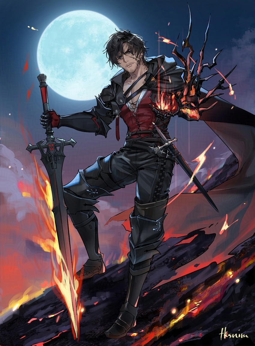 1boy armor armored_boots armored_gloves black_armor black_hair boots clive_rosfield cloud cloudy_sky commentary english_commentary facial_hair facial_tattoo final_fantasy final_fantasy_xvi fire floating_cape greatsword highres lava leather_belt magic male_focus moon night night_sky shoulder_armor sky solo sword tattoo tk_(tksnim) weapon
