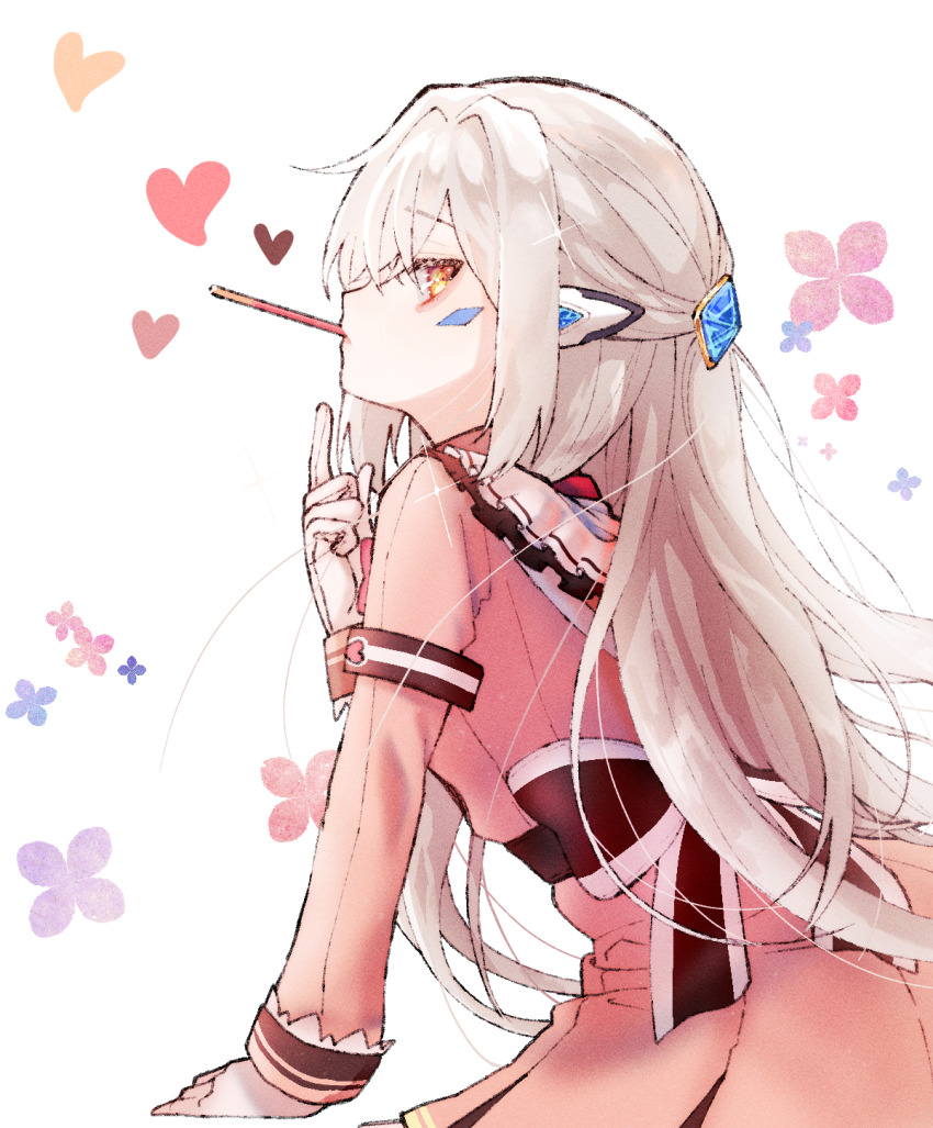 1girl code:_sariel_(elsword) dress elsword eve_(elsword) facial_mark floral_background food from_side hair_between_eyes hair_intakes hair_ornament half_updo heart highres korean_commentary long_hair looking_at_viewer mouth_hold nahyang_0w0 orange_eyes pink_dress pocky profile sideways_glance solo white_background white_hair