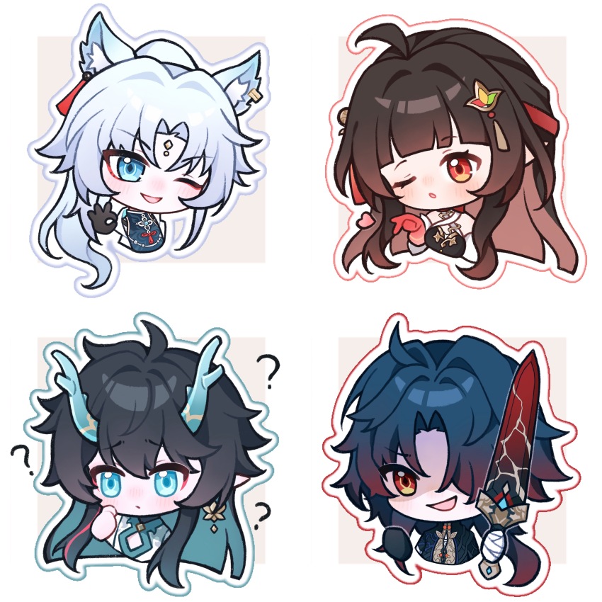 2boys 2girls :o ? absurdres ahoge animal_ear_fluff animal_ears bandaged_hand bandages black_gloves black_hair black_jacket blade_(honkai:_star_rail) blowing_kiss blue_eyes blue_shirt border brown_hair chibi chibi_only chinese_clothes chinese_commentary closed_mouth colored_extremities commentary_request criss-cross_halter dan_heng_(honkai:_star_rail) dan_heng_(imbibitor_lunae)_(honkai:_star_rail) dress eastern_dragon_horns evil_smile eyeliner feixiao_(honkai:_star_rail) forehead_jewel fox_ears fox_girl gloves green_eyes green_hair green_horns hair_ornament hair_over_one_eye halterneck hanfu highres holding holding_sword holding_weapon honkai:_star_rail honkai_(series) horns jacket jiaoling_ruqun lingsha_(honkai:_star_rail) long_hair looking_ahead looking_at_viewer makeup male_focus multicolored_hair multiple_boys multiple_girls ok_sign one_eye_closed open_mouth orange_eyes parted_bangs partially_shaded_face pointy_ears ponytail red_eyeliner red_eyes red_hands ruo_qi shirt sidelocks simple_background single_glove smile streaked_hair sword v weapon white_border white_hair yellow_background