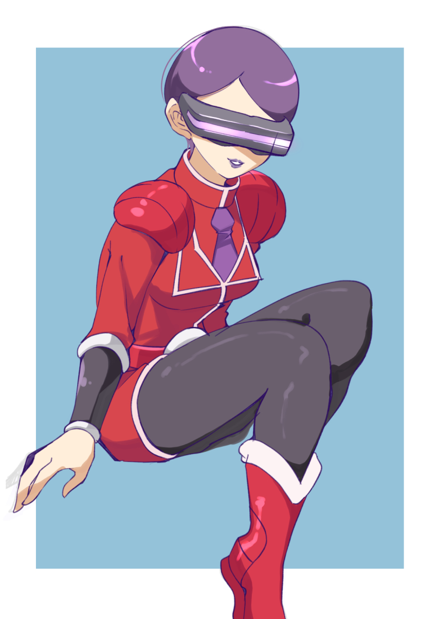 1girl breasts celosia_(pokemon) drdr_ao_midoro highres jacket lipstick makeup necktie nintendo pantyhose pokemon pokemon_xy purple_hair short_hair simple_background skirt solo team_flare very_short_hair visor