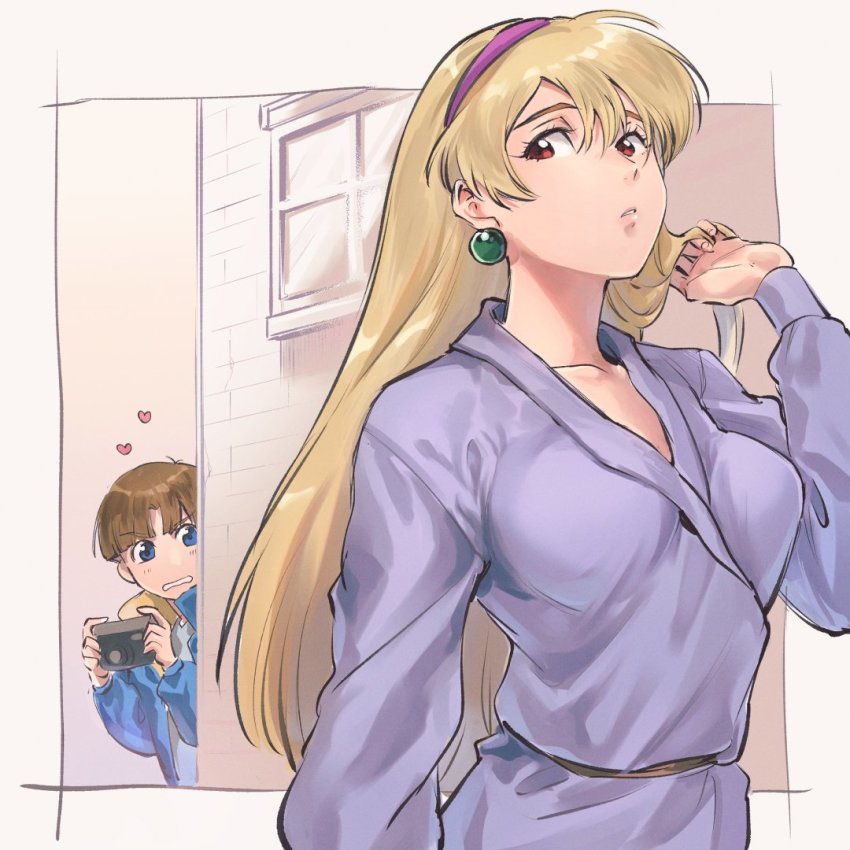 1boy 1girl blonde_hair blue_eyes blue_jacket breasts brown_eyes brown_hair camera chanmura collarbone earrings grey_shirt gundam hair_behind_ear hairband hiding holding holding_camera jacket jewelry katejina_loos looking_back medium_breasts parted_lips purple_hairband purple_jacket shirt uso_ewin v-shaped_eyebrows victory_gundam