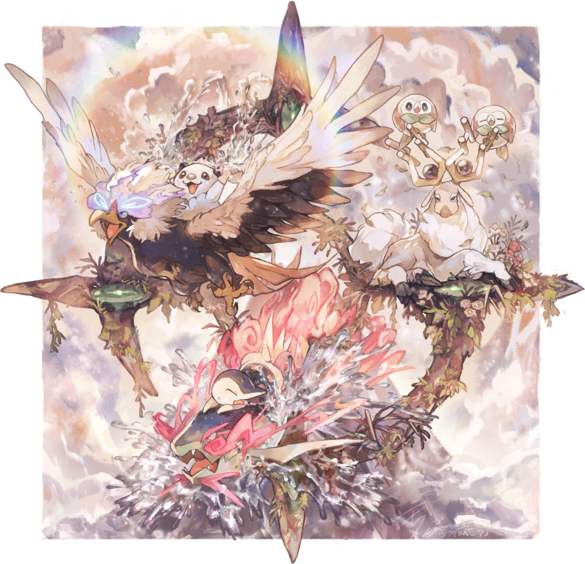 antlers basculegion basculegion_(male) beak cyndaquil fangs fire flower flying gen_2_pokemon gen_5_pokemon gen_7_pokemon highres hisuian_braviary horns mokunami nintendo no_humans open_mouth oshawott perching plant pokemon pokemon_(creature) rowlet sitting smile water wings wyrdeer