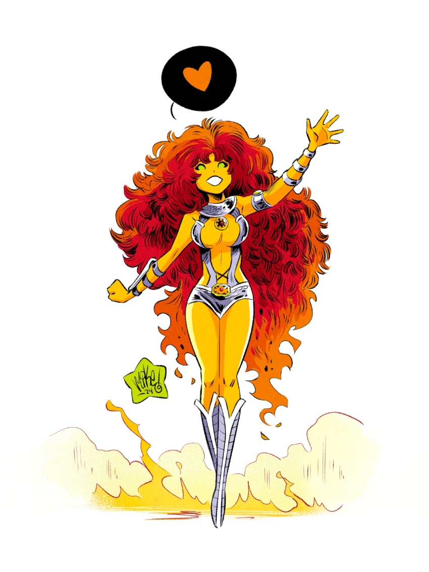 1girl boots breasts colored_skin dc_comics fiery_hair fire full_body green_eyes heart highres large_breasts long_hair mikemaihack open_mouth red_hair simple_background solid_eyes solo speech_bubble spoken_heart starfire starfire_(1980_costume) superhero_costume tamaranean teen_titans very_long_hair waving white_background yellow_skin