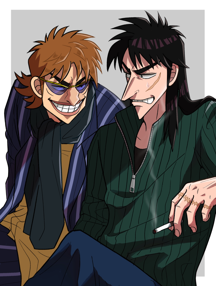 absurdres big_nose black_eyes black_hair black_scarf blue-tinted_eyewear blue_pants brown_hair brown_shirt cigarette commentary_request facial_scar feet_out_of_frame formal_clothes fukumoto_nobuyuki_(style) glasses green_sweater grey_background grey_jacket grin highres holding holding_cigarette hyoudou_kazuya itou_kaiji jacket kaiji long_hair looking_at_another looking_to_the_side male_focus official_style pants parody parted_bangs pointy_nose scar scar_on_cheek scar_on_face scar_on_hand scarf shirt short_hair sitting smile smoking style_parody suit sweatdrop sweater tinted_eyewear two-tone_background usarinko v-shaped_eyebrows yellow-framed_eyewear zipper