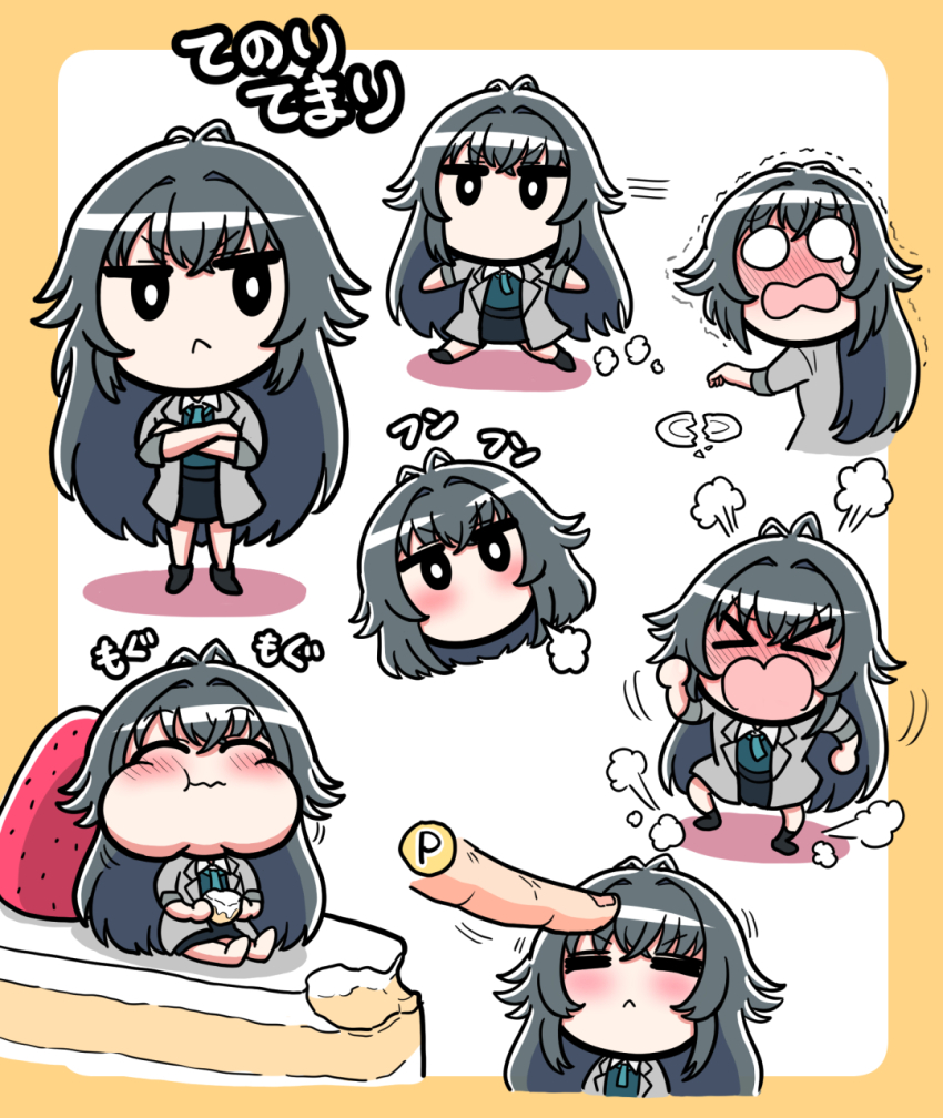 &gt;_&lt; 1girl :&lt; =_= angry antenna_hair bright_pupils commentary_request crossed_arms eating finger_on_another&#039;s_head gakuen_idolmaster green_hair hair_flaps highres idolmaster jitome long_hair mini_person minigirl multiple_views nose o_o producer_(idolmaster) puff_of_air shortcake tears tsukimura_temari tsunamayo very_long_hair white_pupils
